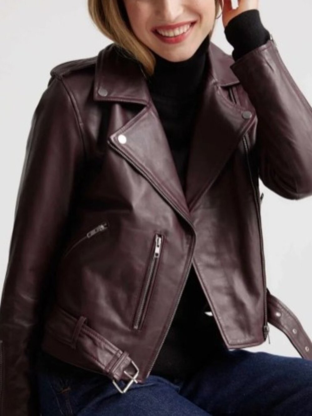Quince Burgundy Leather Motorcycle Jacket, EUC, Size M